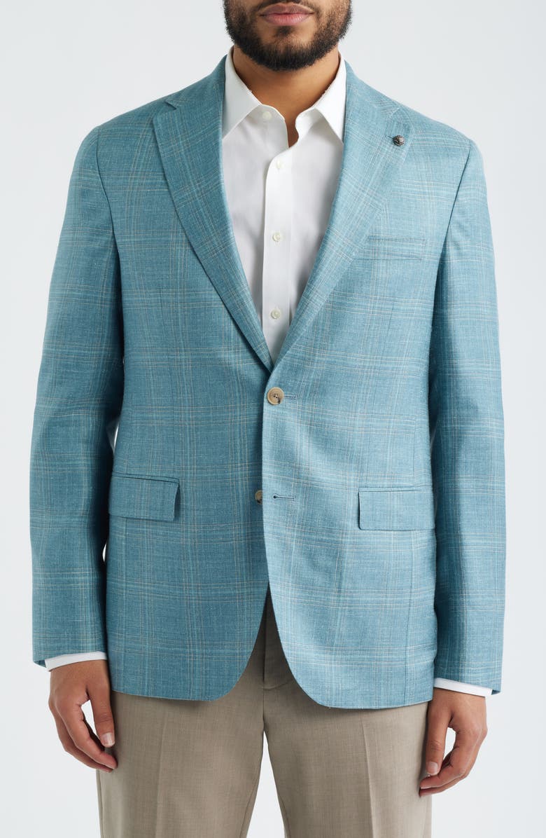 Jack Victor Midland Contemporary Fit Teal Plaid Slub Wool Blend Sport Coat, Alternate, color, Teal