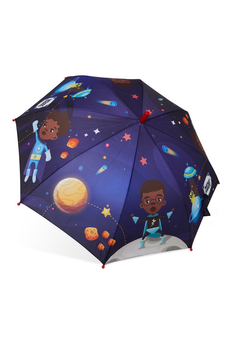 Kids' Superheroes in Space Umbrella, Alternate, color, DARK BLUE