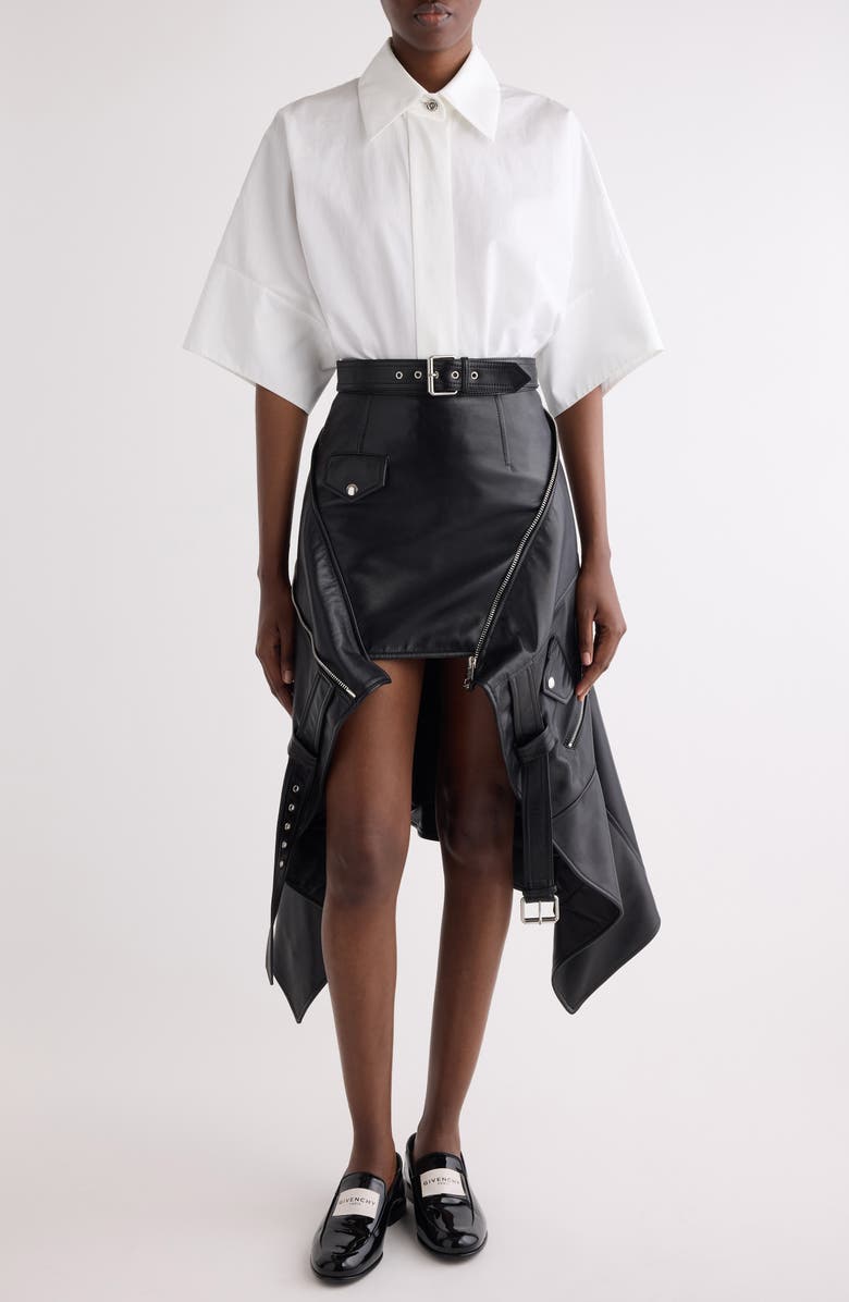 Givenchy Belted Asymmetric Leather Biker Skirt, Alternate, color, Black