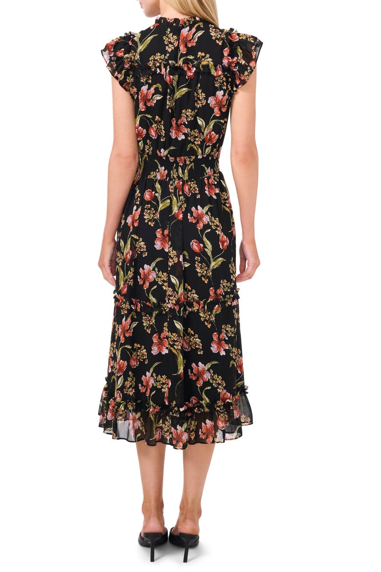 Floral Flutter Sleeve Midi Dress, Alternate, color, RICH BLACK
