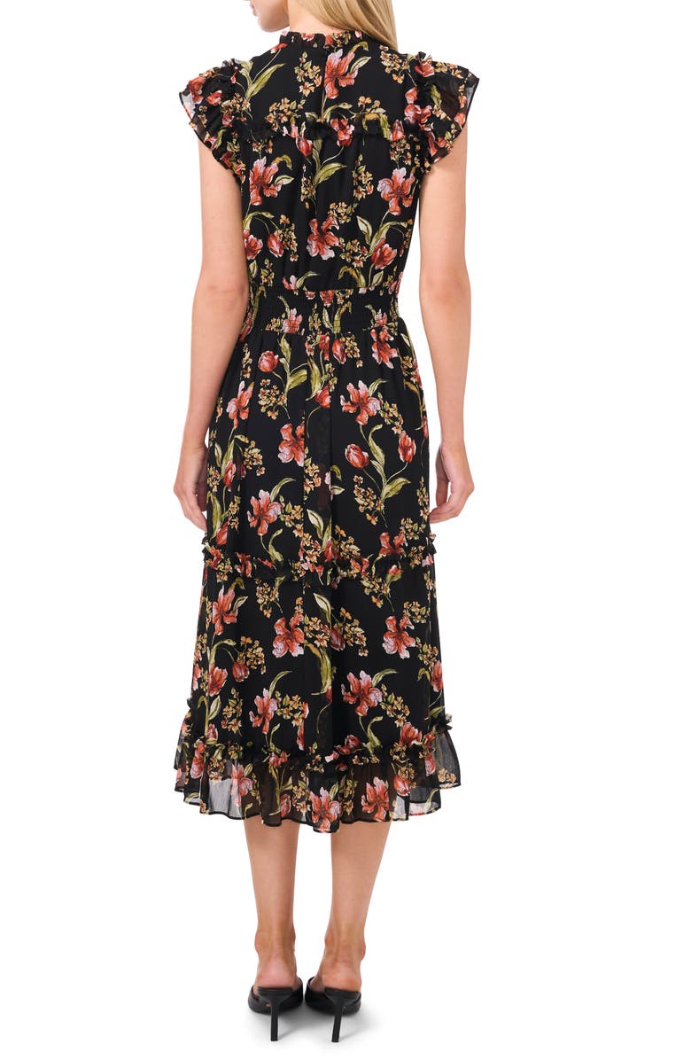CeCe Floral Flutter Sleeve Midi Dress, Alternate, color, Rich Black