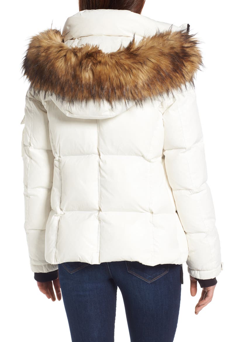 S13/NYC Kylie Faux Fur Trim Gloss Puffer Jacket, Alternate, color, WHITE/ NATURAL