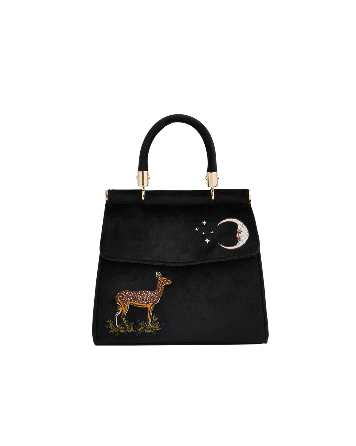 Fable England Deer & Moon Embroidered Black Velvet Tote, Main, color, Black
