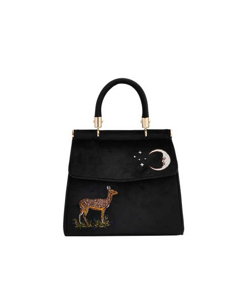 Deer & Moon Embroidered Black Velvet Tote