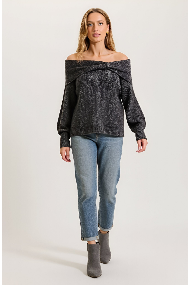 Off-Shoulder Sweater with Twisted Neckline and Balloon Sleeves, Alternate, color, Black
