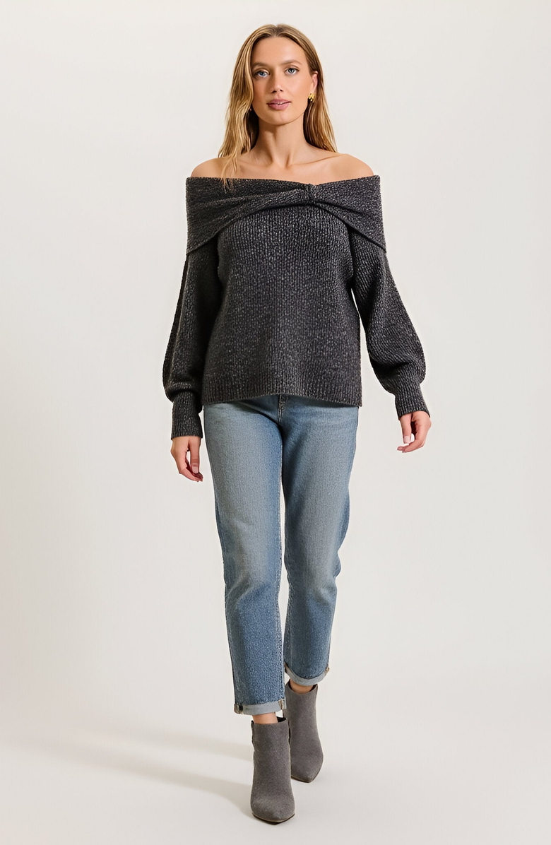 Modenaire Off-Shoulder Sweater with Twisted Neckline and Balloon Sleeves, Alternate, color, 