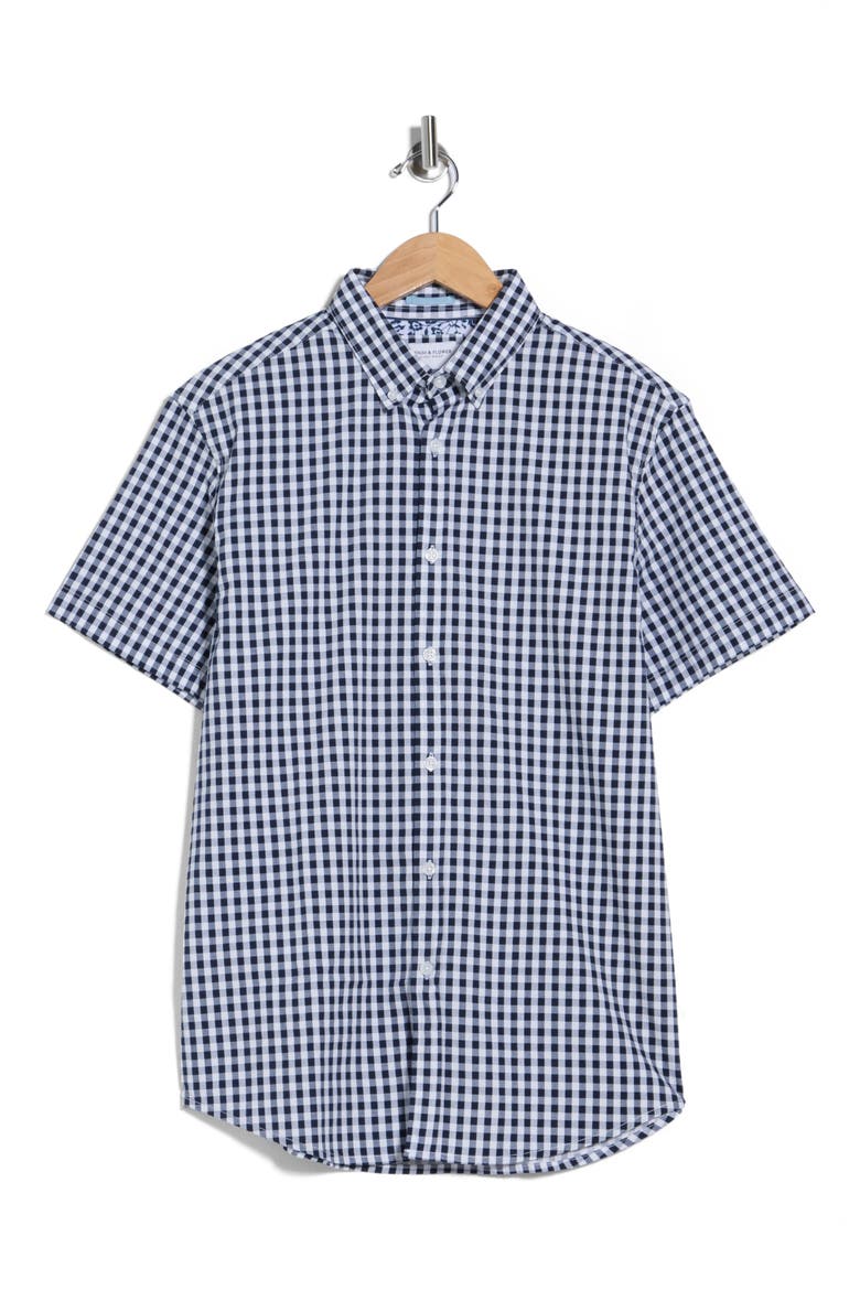 Gingham Short Sleeve Button-Down Shirt, Alternate, color, NAVY