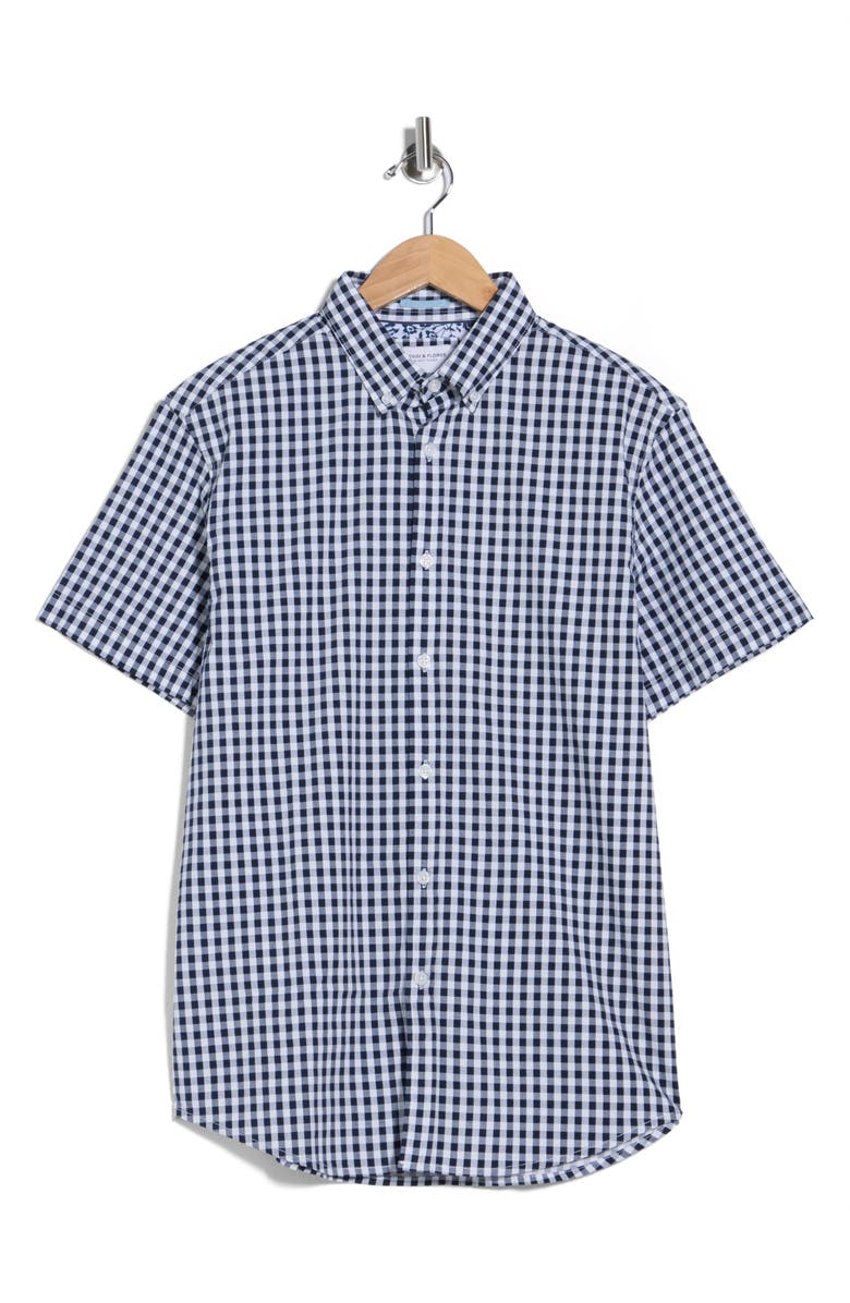 DENIM AND FLOWER Gingham Short Sleeve Button-Down Shirt, Main, color, Navy