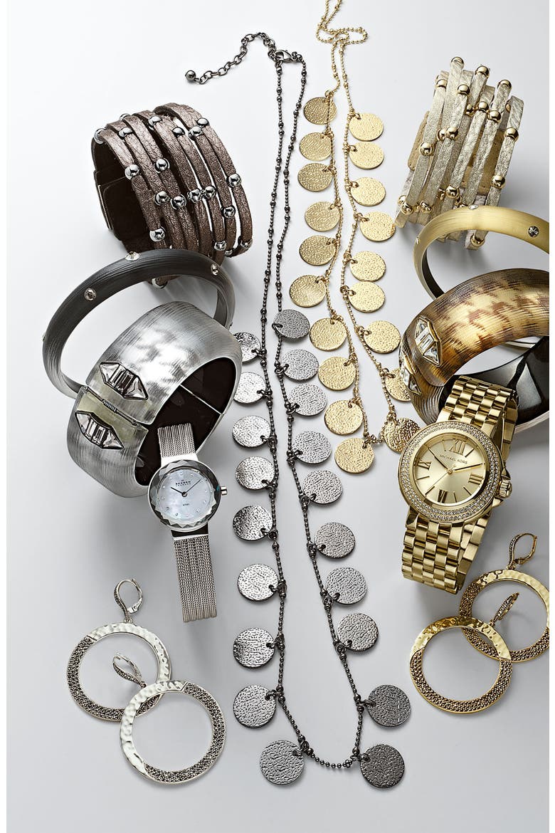 Accessories Sliced Leather Studded Bracelet, Alternate, color, BLACK/ GOLD
