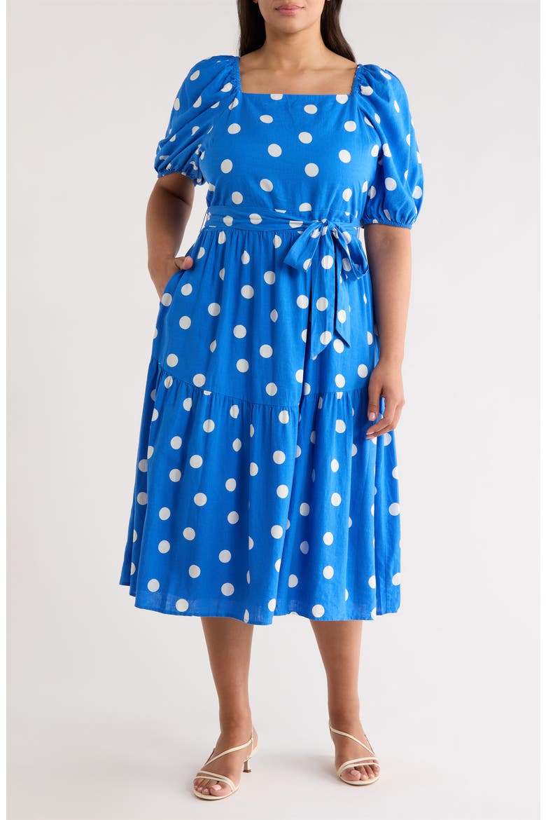 Puff Sleeve Linen Blend Midi Dress, Main, color, BLUE PALACE- IVORY TULLA DOT
