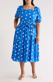Caslon® Puff Sleeve Linen Blend Midi Dress