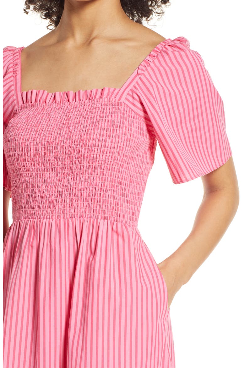 Deana Smocked Stripe Poplin Midi Dress, Alternate, color, PINK