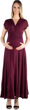 24seven Comfort Apparel Maternity Cap Sleeve V-Neck Maxi Dress