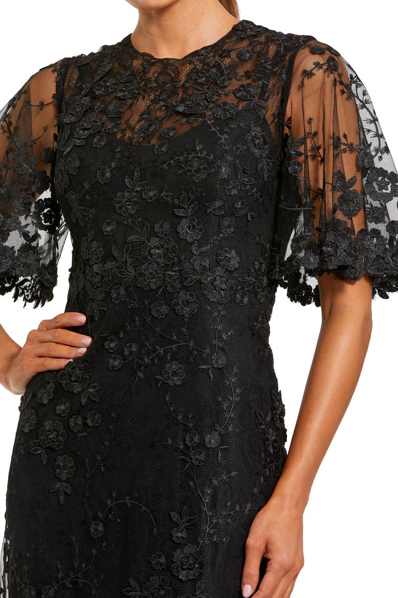 Flutter Sleeve Floral Emboridered Net Gown, Alternate, color, Black