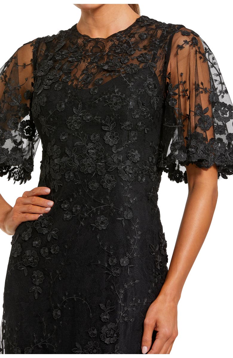 Mac Duggal Women's Flutter Sleeve Floral Emboridered Net Gown, Alternate, color, Black