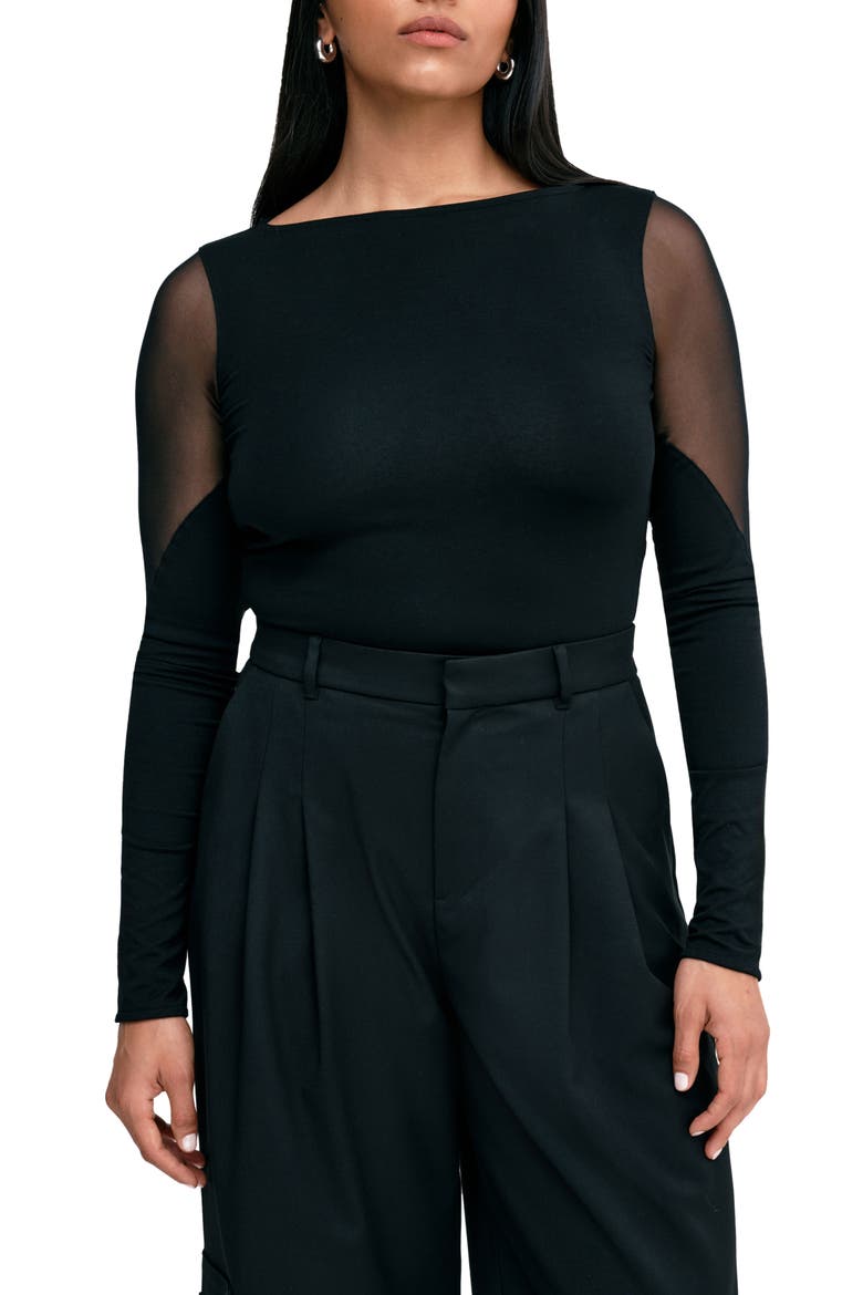 Adella Mesh Accent Bodysuit, Alternate, color, BLACK