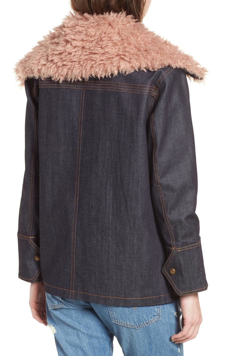 Avec Les Filles Denim & Faux Shearling Trucker Jacket, Alternate, color, 