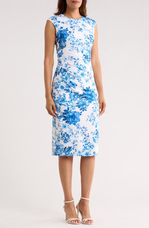 Floral Pleated Scuba Knit Sheath Dress