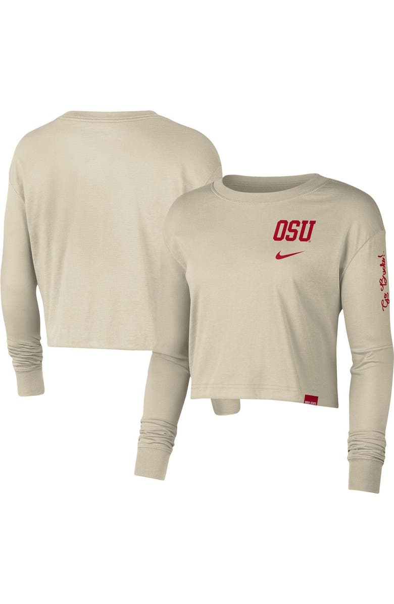 Nike Women's Nike Cream Ohio State Buckeyes Varsity Letter Long Sleeve Crop Top, Main, color, 