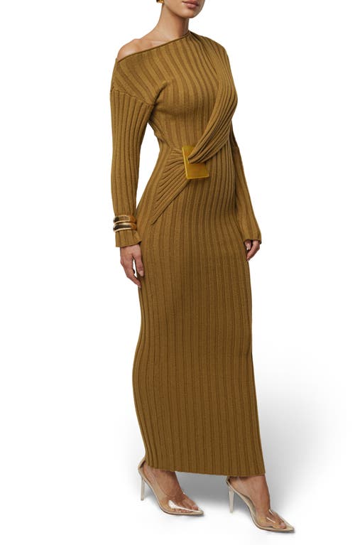 Jluxlabel Auttoman Long Sleeve One-shoulder Rib Maxi Dress In Brown