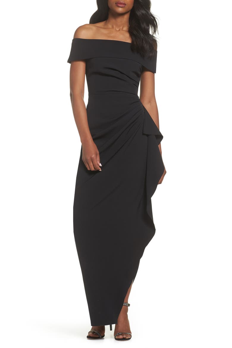 Off the Shoulder Crepe Column Gown, Main, color, BLACK