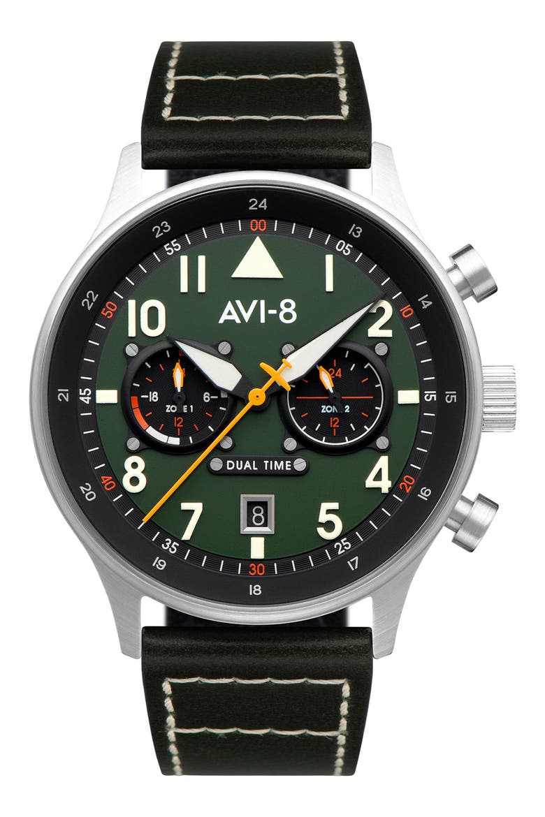 Hawker Hurricane Carey Chronograph Leather Strap Watch, 44mm, Main, color, GREEN