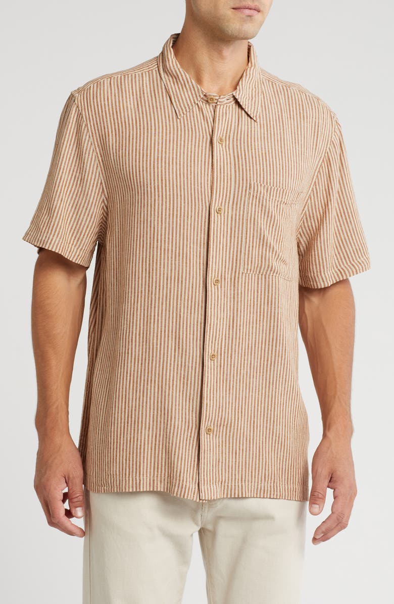 Madewell Easy Stripe Short Sleeve Linen Blend Button-Up Shirt, Main, color, Warm Coffee