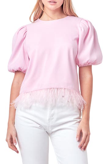 English Factory Feather Edge Puff Sleeve Top In Pink