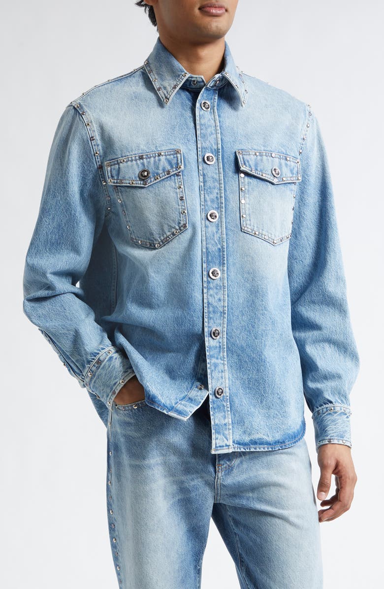 Versace Medusa Studded Denim Button-Up Shirts, Main, color, Light Blue