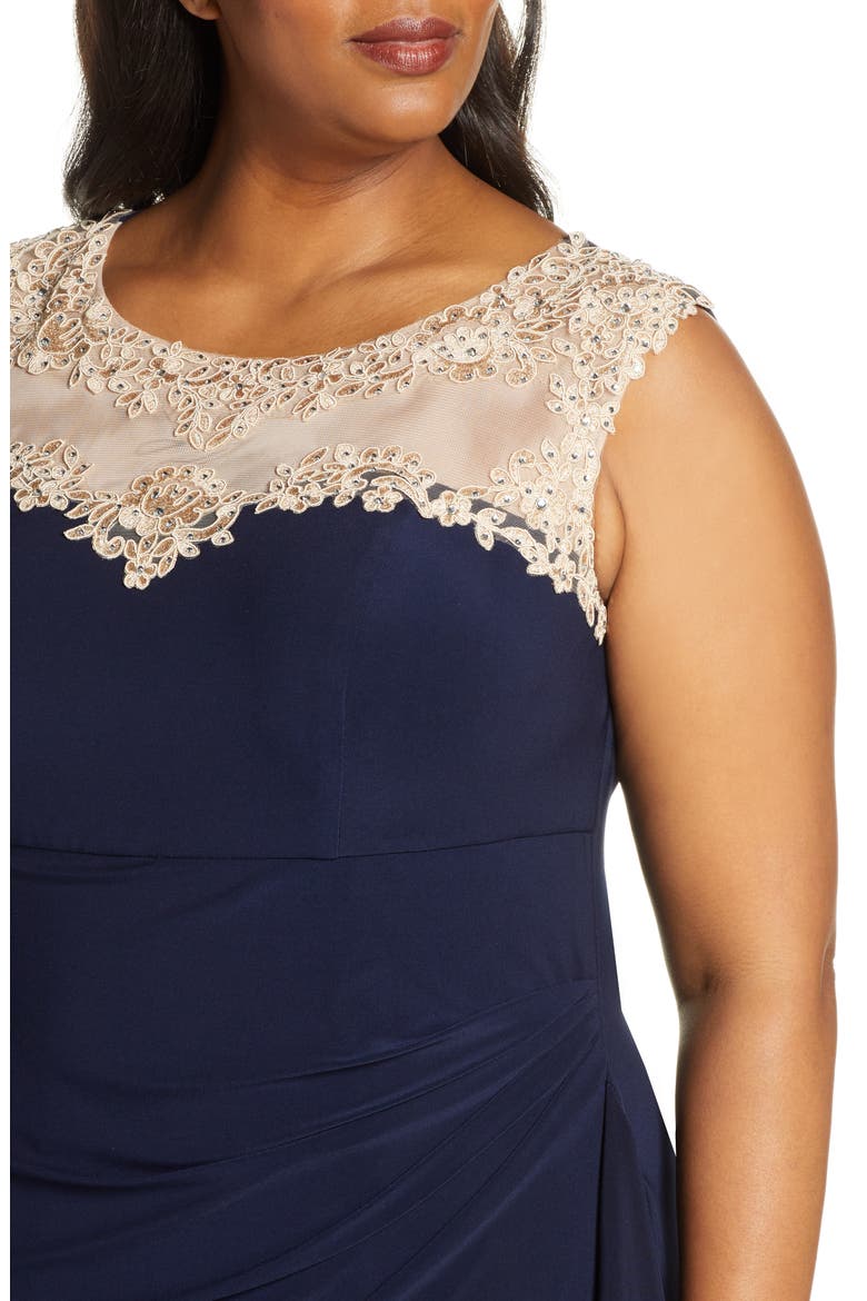 Beaded Lace Neck Evening Dress, Alternate, color, NAVY/ NUDE