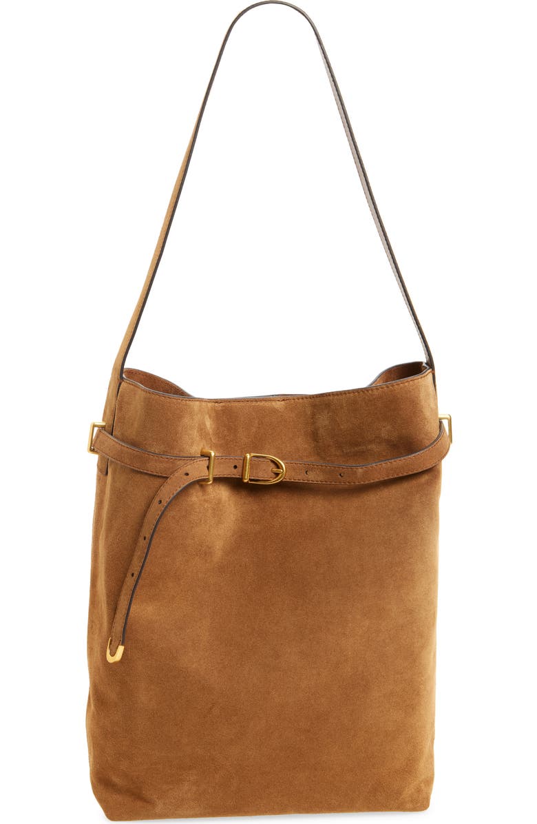 Madewell The Essential Belted Suede Bucket Tote, Main, color, Dried Acorn