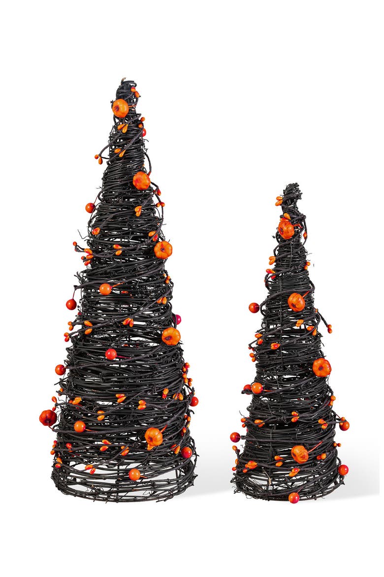 Set of 2 Halloween Eucalyptus With Bats Pumpkin Cone Table Trees, Main, color, Black