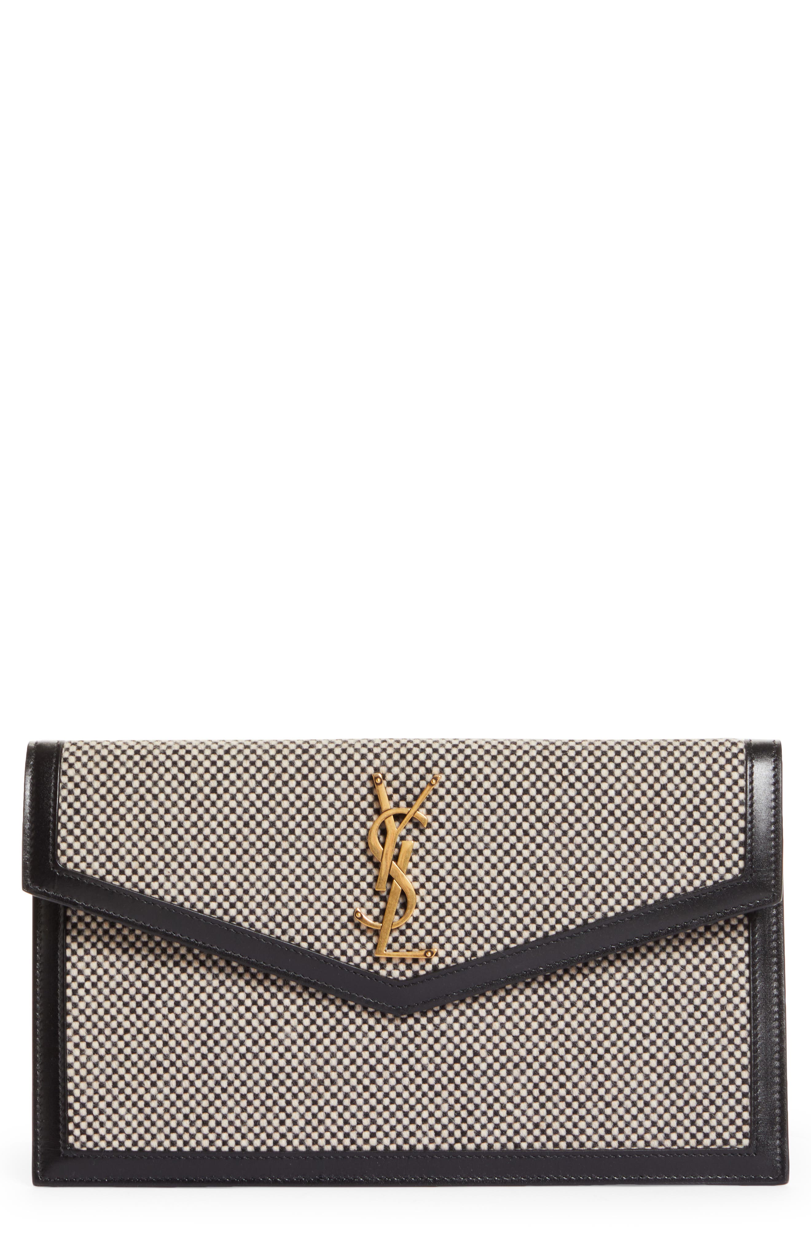 Saint Laurent Uptown Tweed & Leather Clutch, Main, color, 