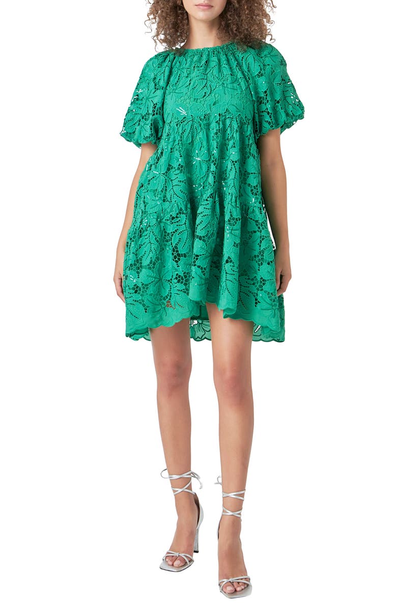 Endless Rose Lace & Sequin Trapeze Minidress, Main, color, Green