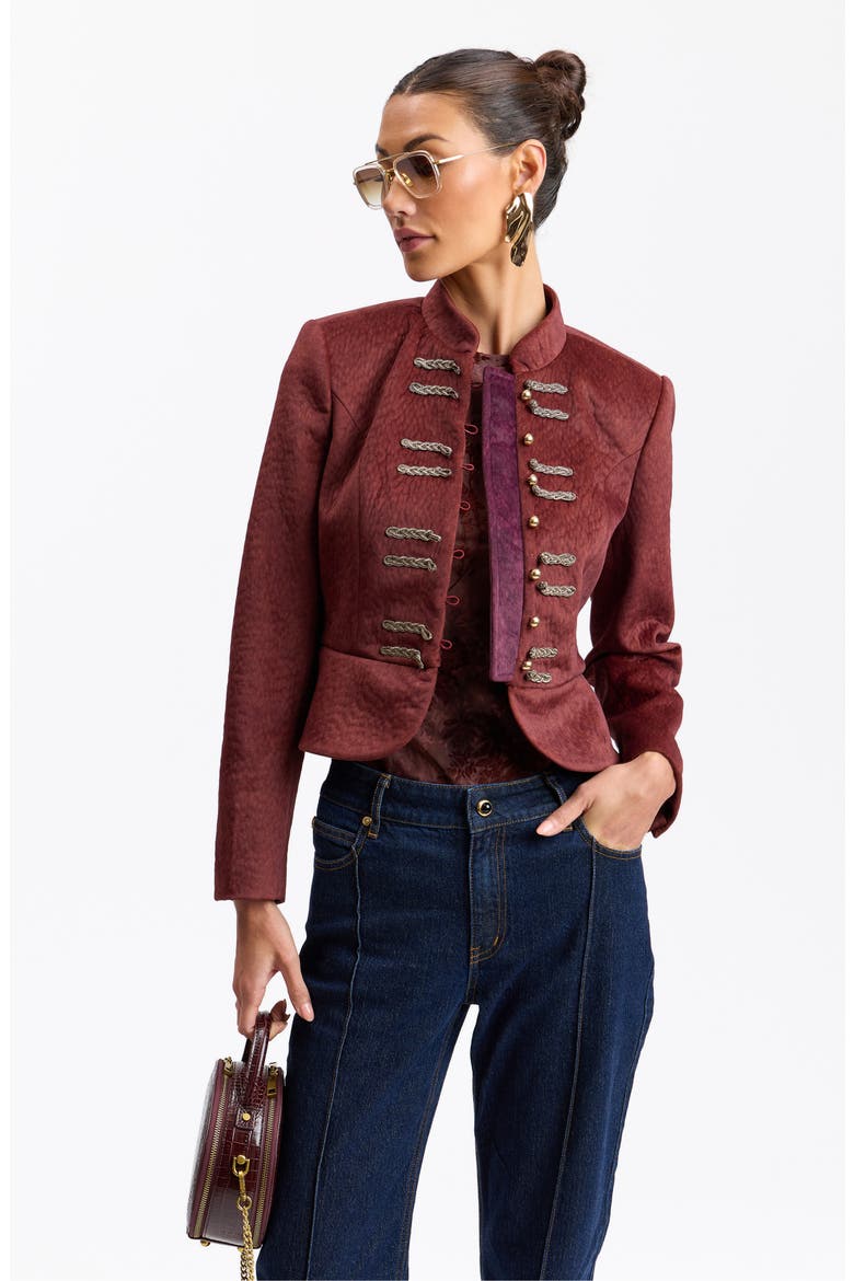 Mandarin Collar Peplum Jacket, Alternate, color, BURGUNDY