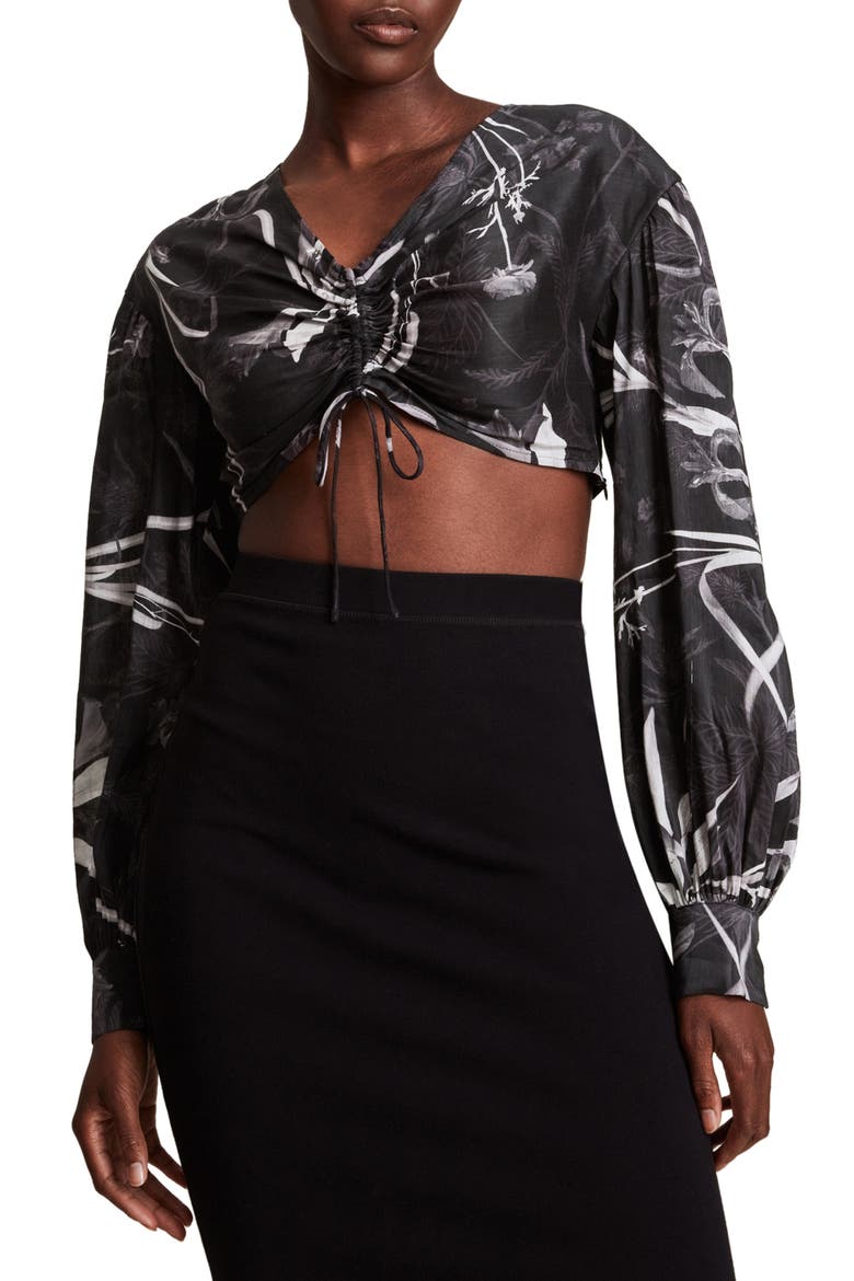 Carla Rutland Crop Silk & Linen Top, Main, color, BLACK