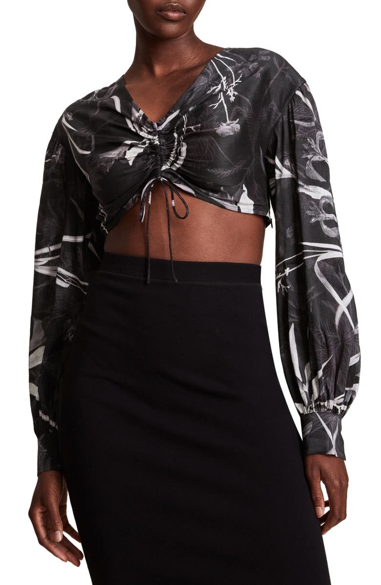 AllSaints Carla Rutland Crop Silk & Linen Top, Main, color, 