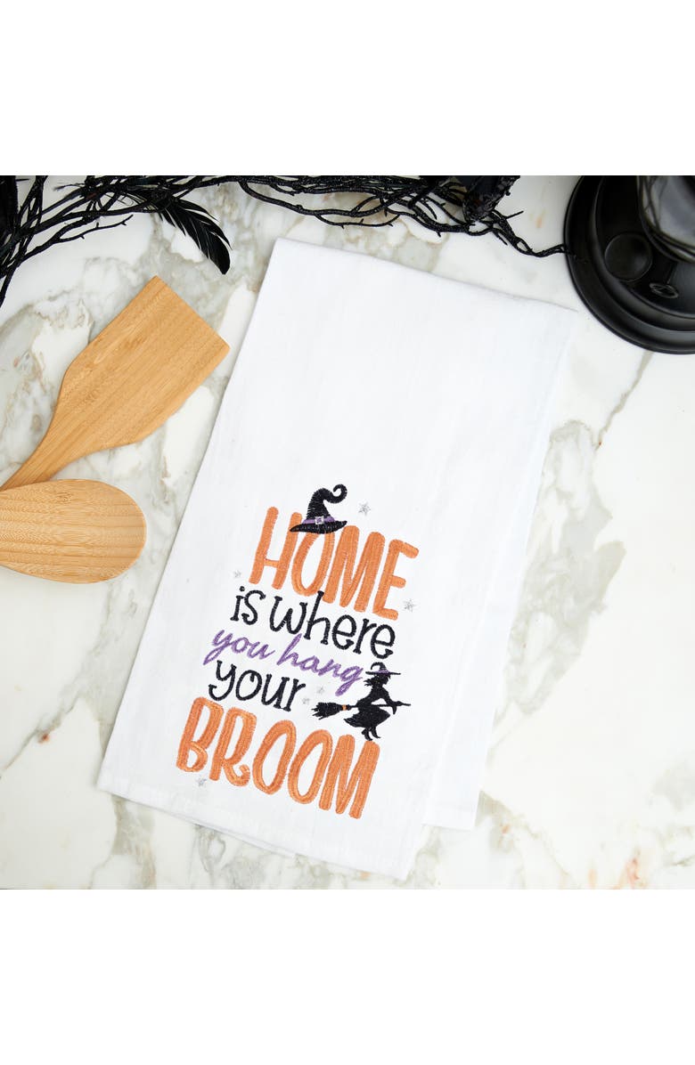 C&F Home Home is Where You Hang Your Broom Cotton Embroidered Halloween Flour Sack Kitchen Dishtowel, Alternate, color, White