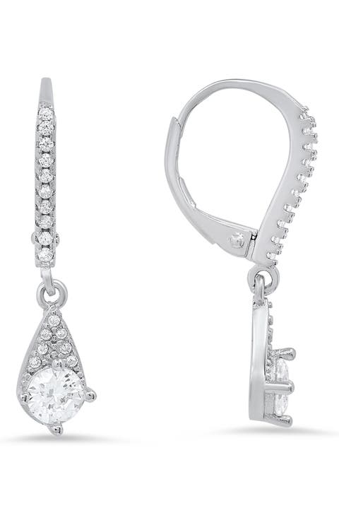 Sterling Silver CZ Drop Leverback Earrings
