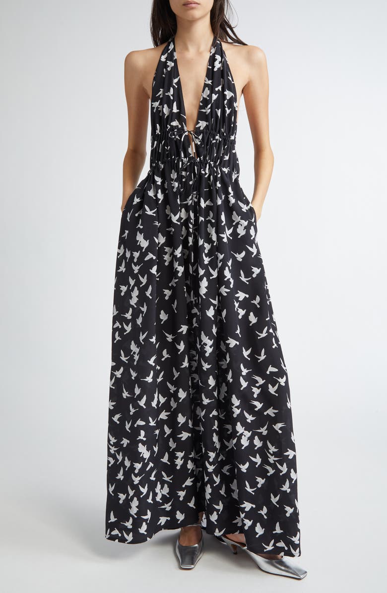 Stella McCartney Mini Birds Halter Neck Silk Crêpe de Chine Maxi Dress, Main, color, Black