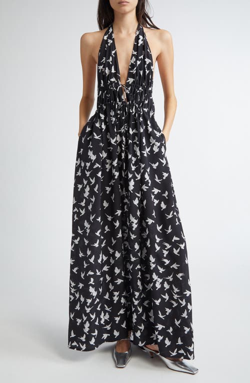 Stella Mccartney Mini Birds Halter Neck Silk Crêpe De Chine Maxi Dress In Black