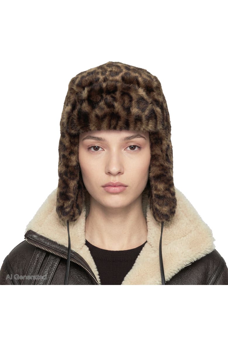 Faux Fur Trapper Hat with Polyurethane Ties, Main, color, Leopard