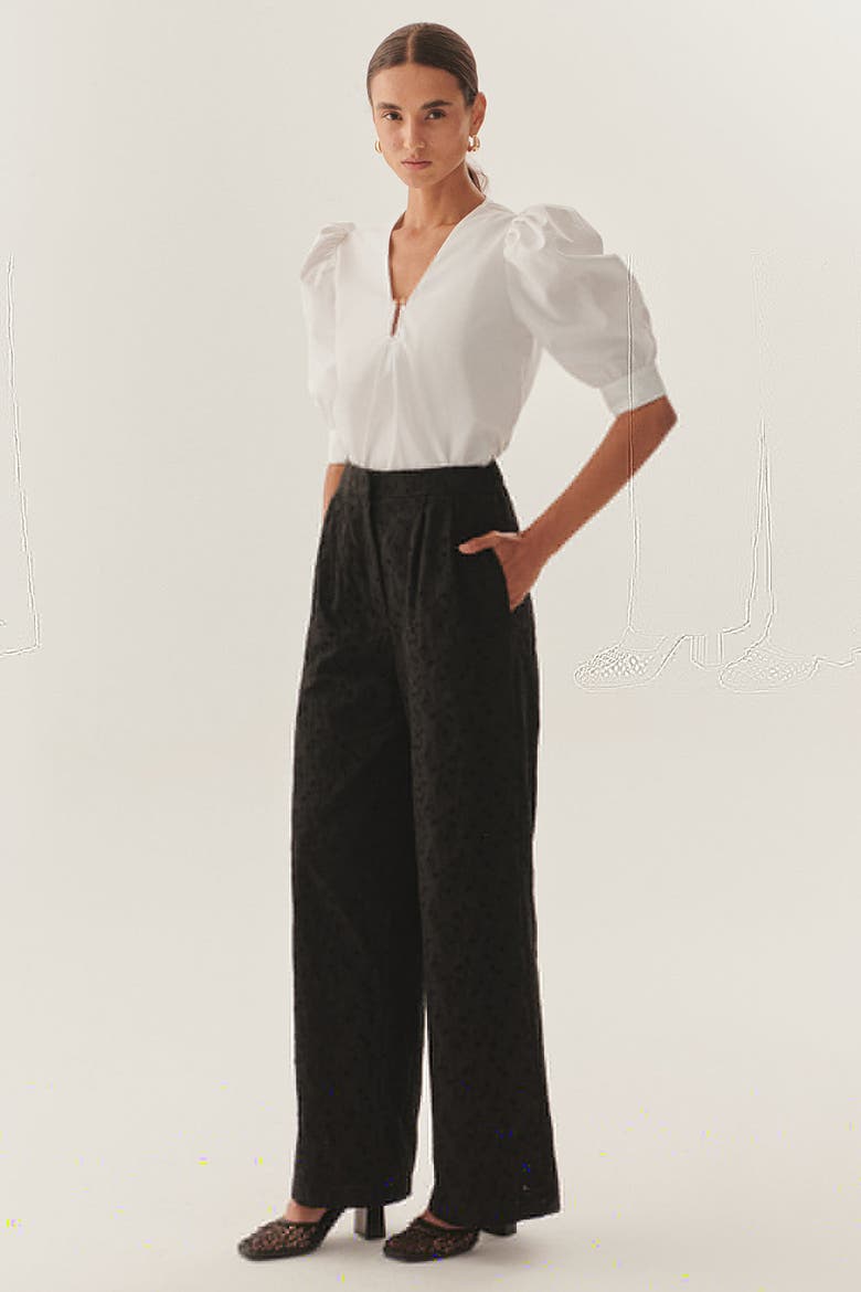Broderie Anglaise Fabric Pants, Alternate, color, BLACK