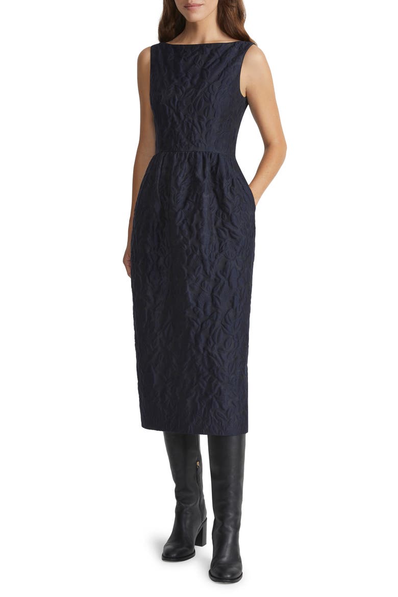 Flora Bloom Cloqué Jacquard Cotton & Silk Blend Midi Dress, Main, color, MIDNIGHT BLUE