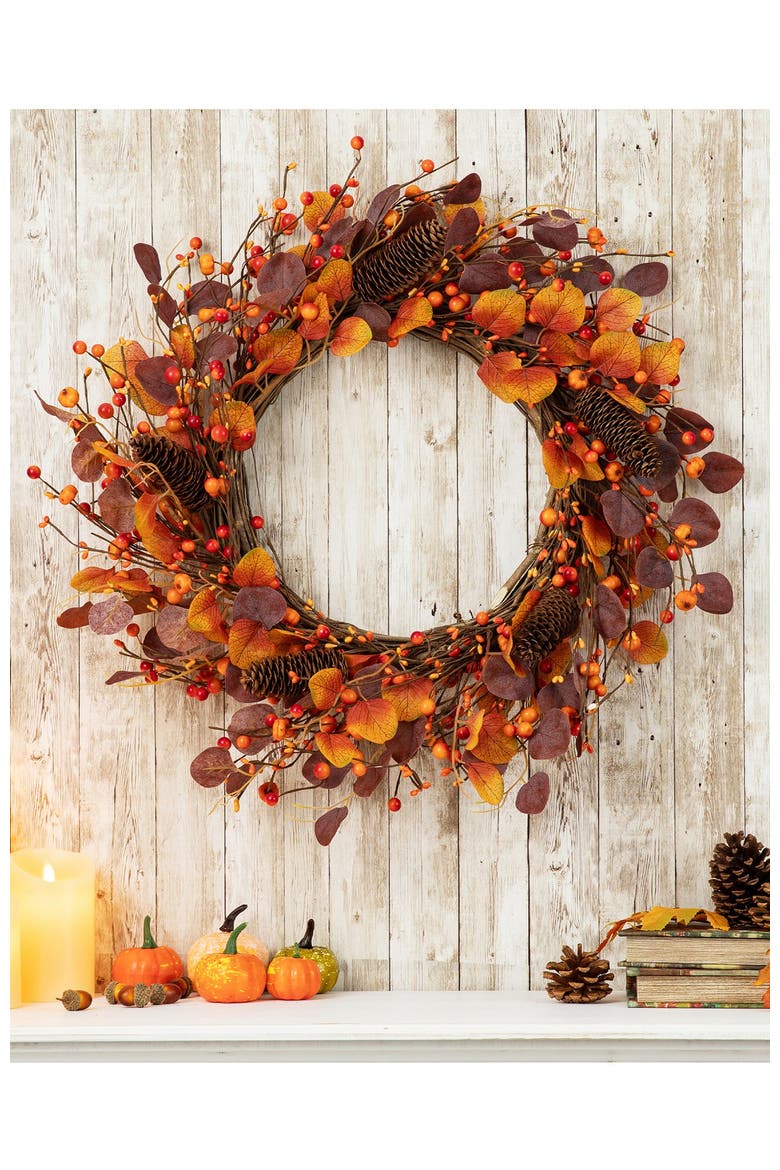 22"D Fall Eucalyptus Berry Wreath, Alternate, color, Orange