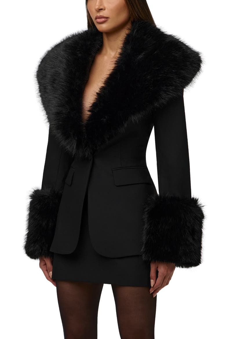 Faux Fur Trim Blazer, Alternate, color, BLACK