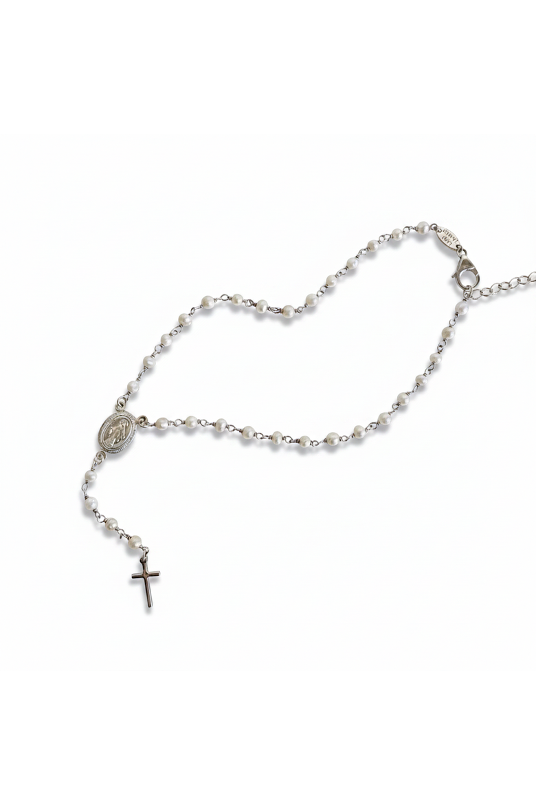 The Amelia Pearl Rosary Anklet, Main, color, White, Beige, Silver