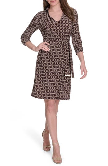Tommy Hilfiger Women's Belted Jersey Fit & Flare Dress In Brown
