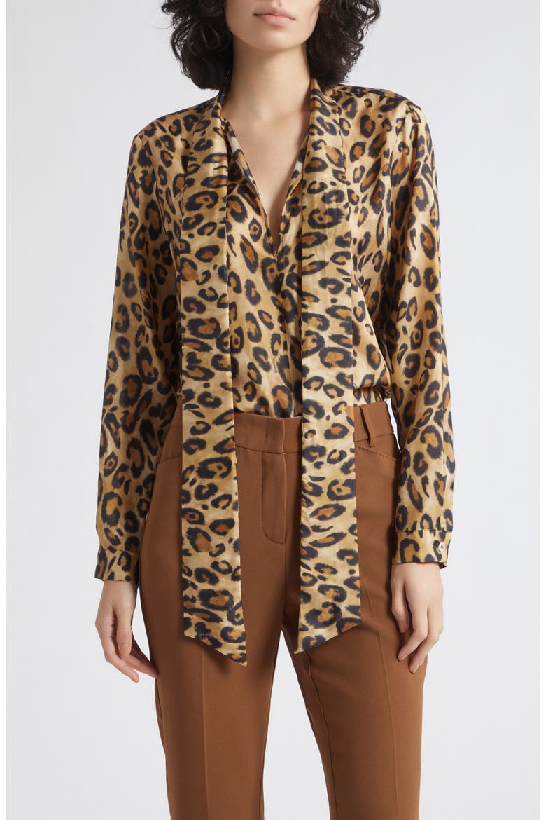 Leopard Printed Silk Tie Neck Shirt, Main, color, BEIGE SPOTTED PRINT
