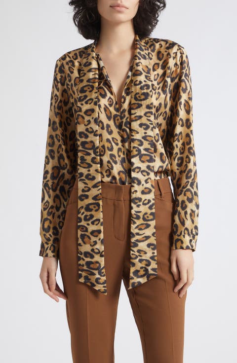 Leopard Printed Silk Tie Neck Shirt